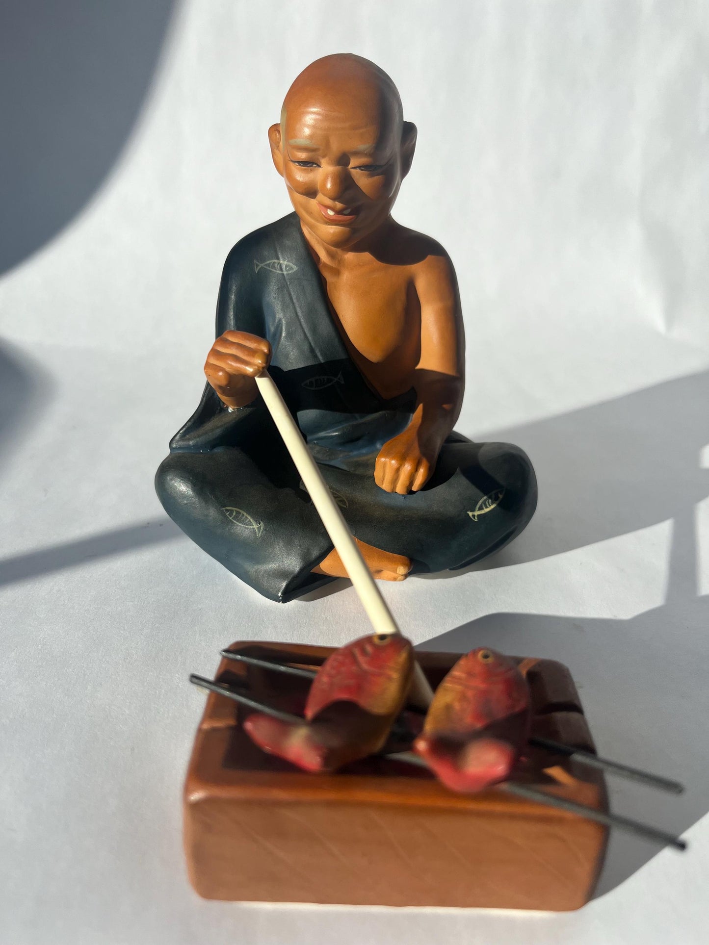 Vintage Japanese Clay Figurine Man Frying Fish