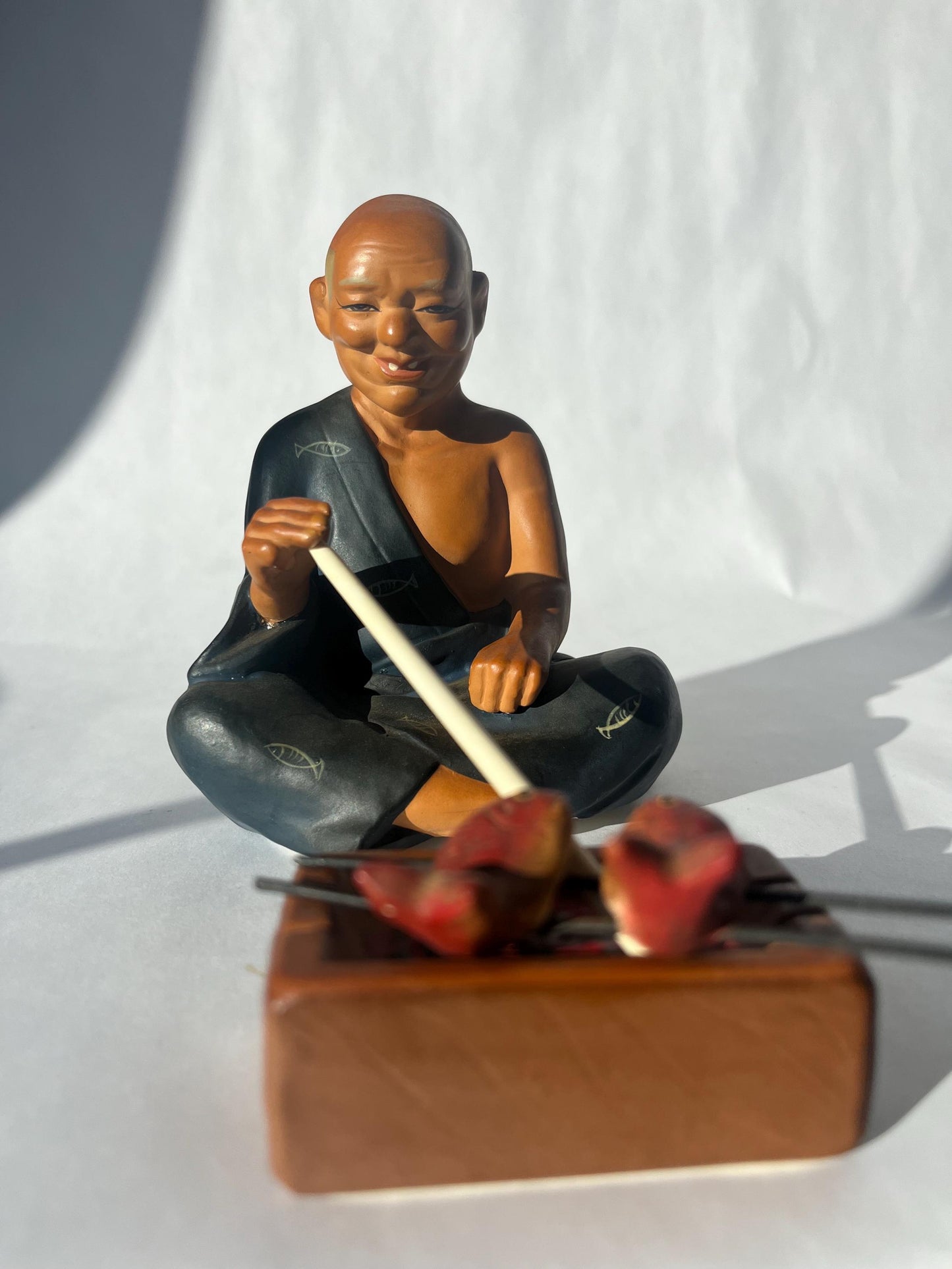 Vintage Japanese Clay Figurine Man Frying Fish