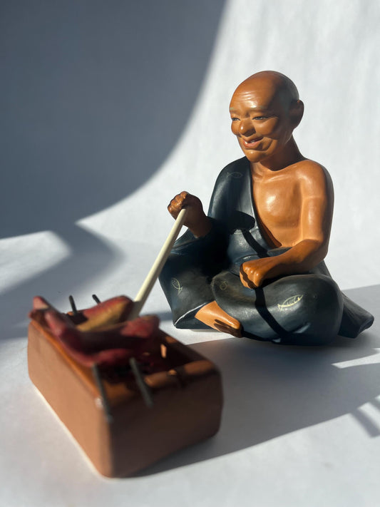 Vintage Japanese Clay Figurine Man Frying Fish