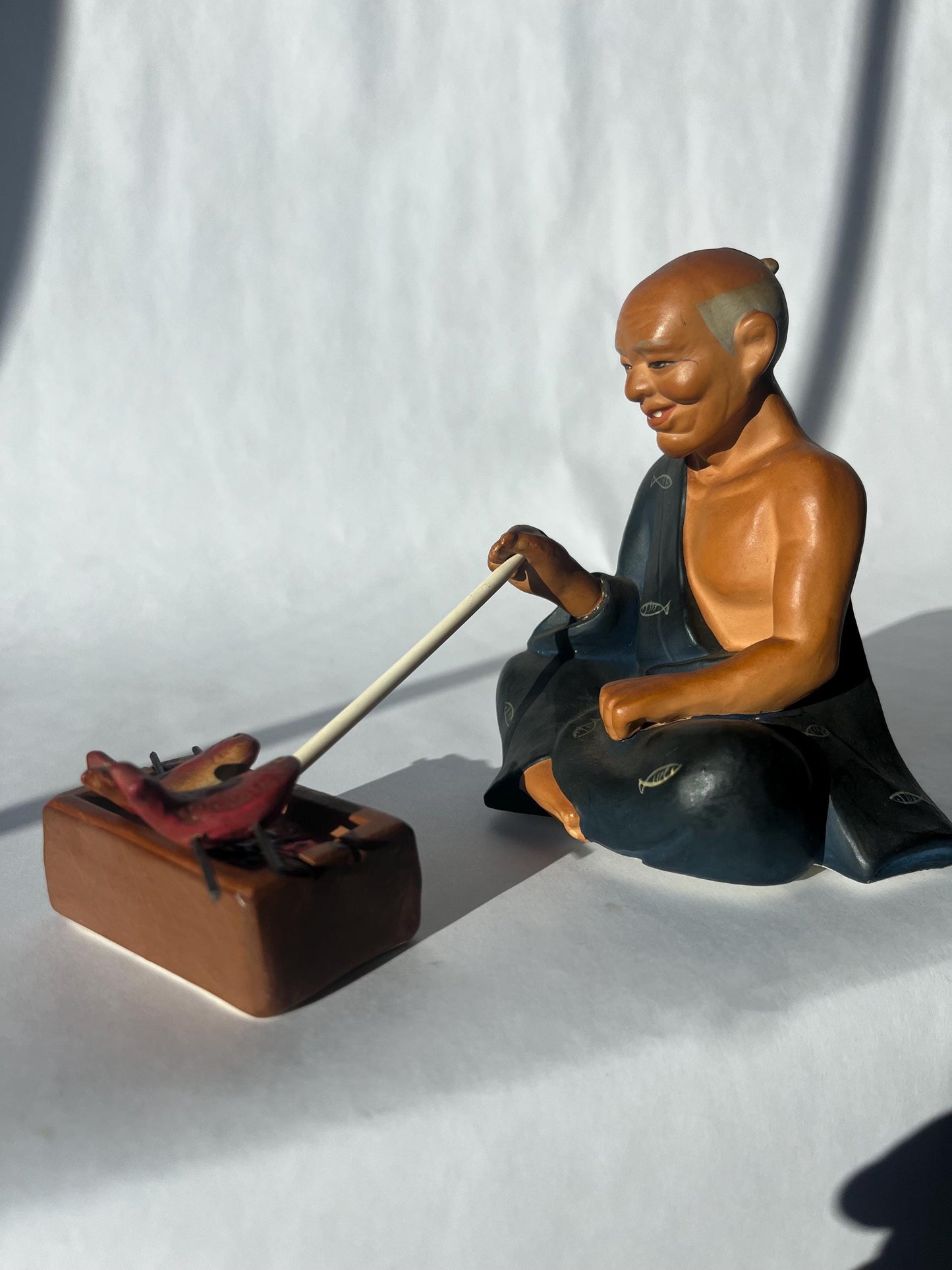 Vintage Japanese Clay Figurine Man Frying Fish