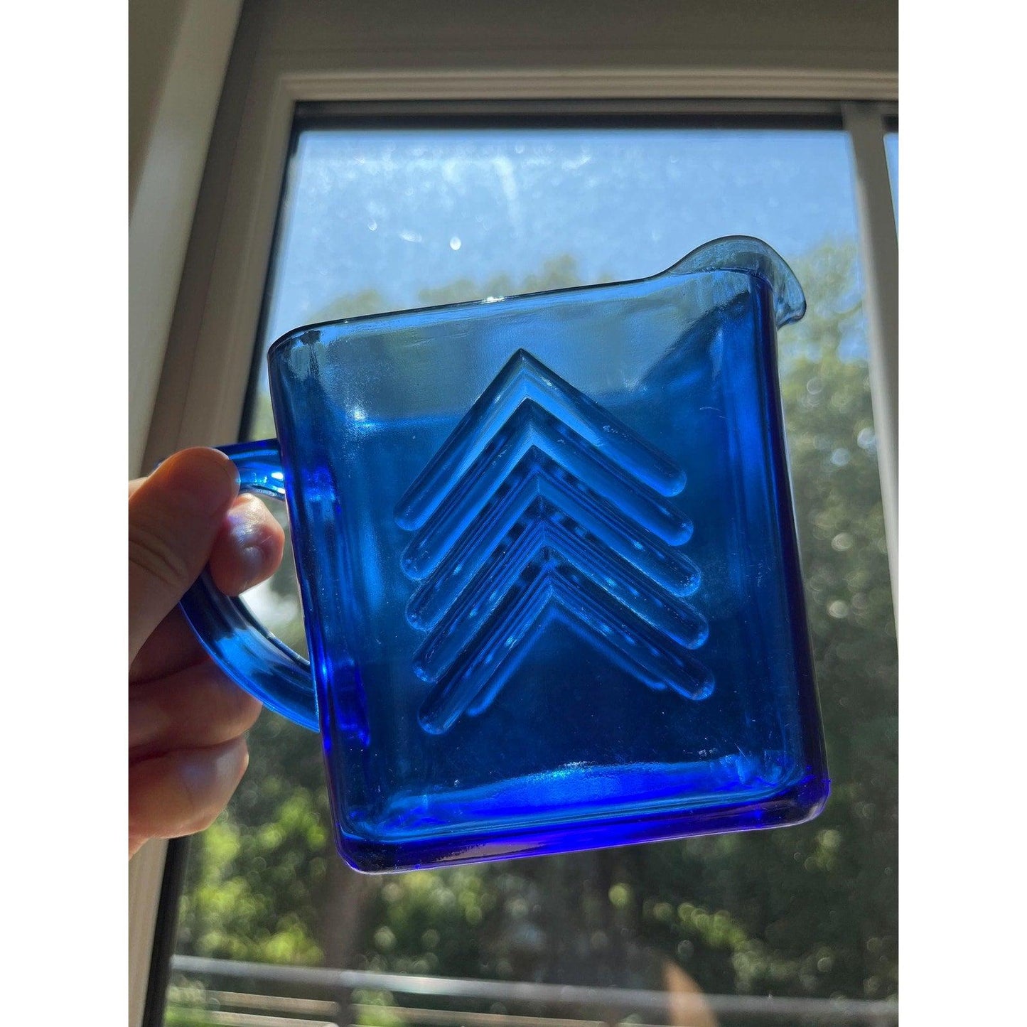 Vintage / antique cobalt blue Hazel Atlas depression glass chevron creamer
