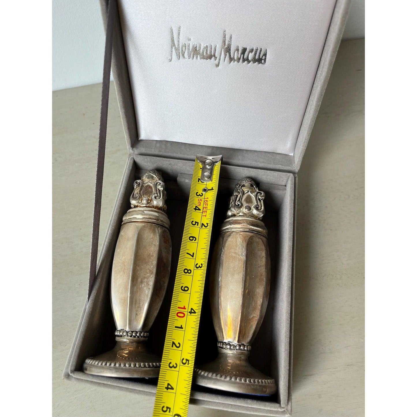 Vintage Neiman Marcus Silver Salt & Pepper Shaker Set, original velvet case