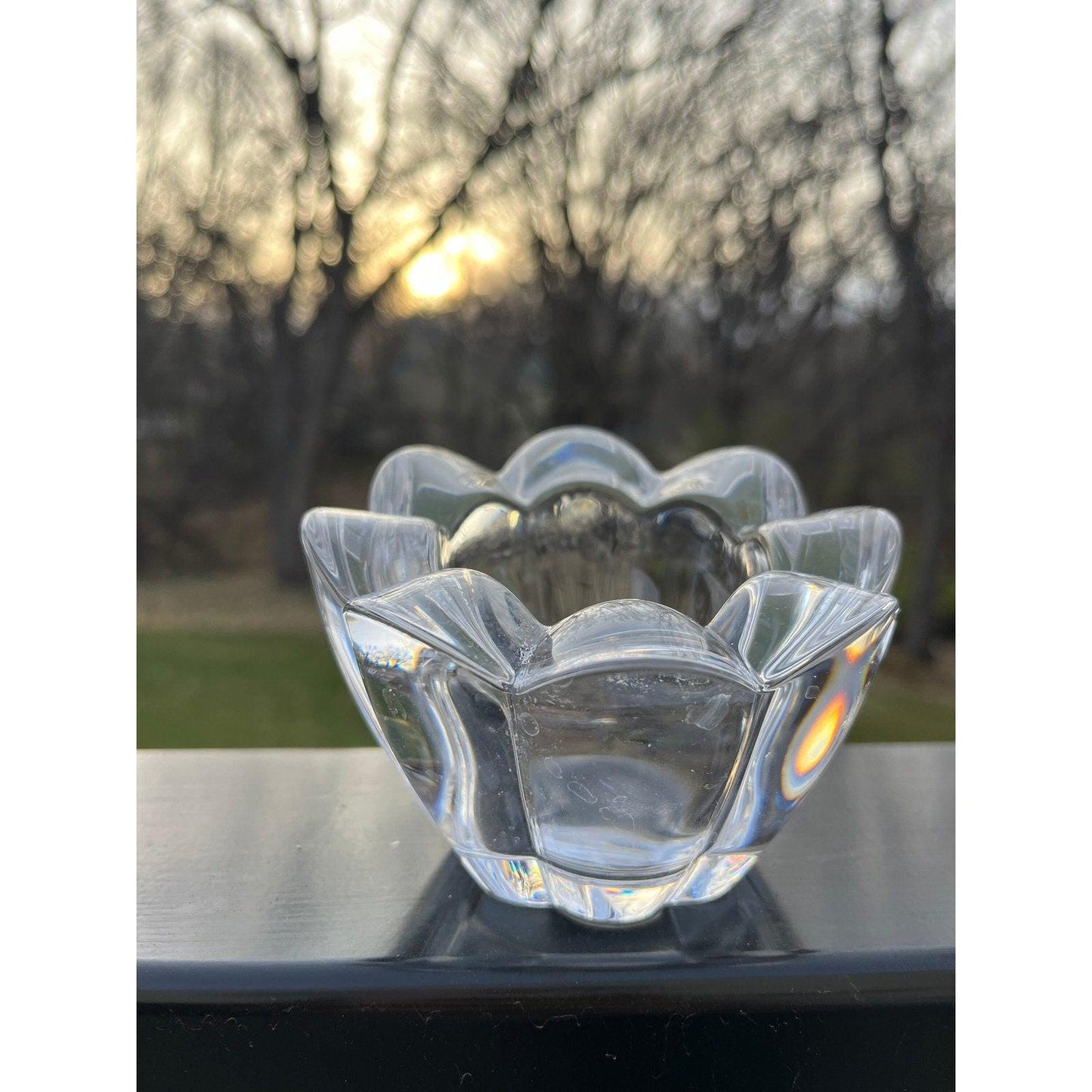 Vintage flower shaped heavy crystal glass candle light holder