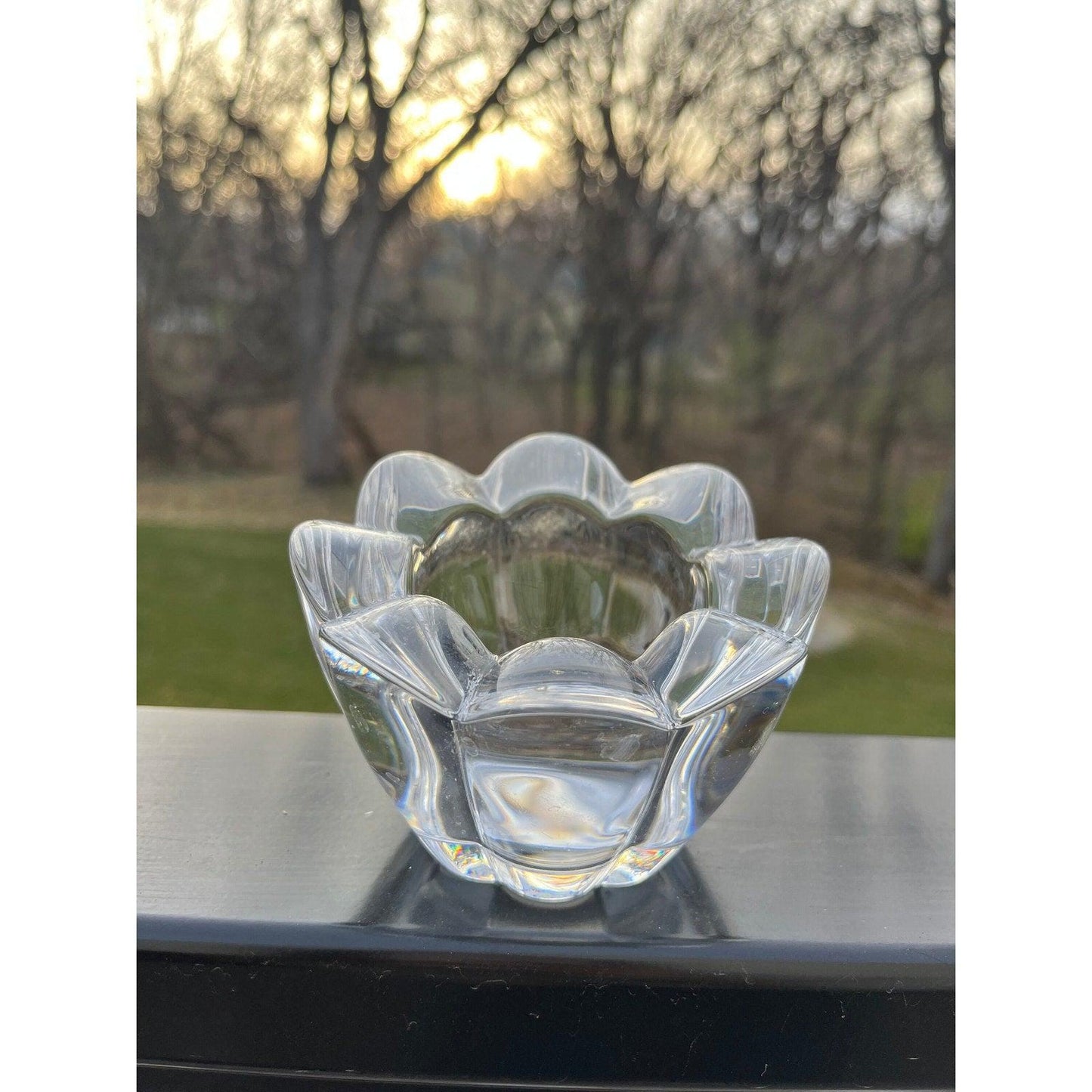 Vintage flower shaped heavy crystal glass candle light holder