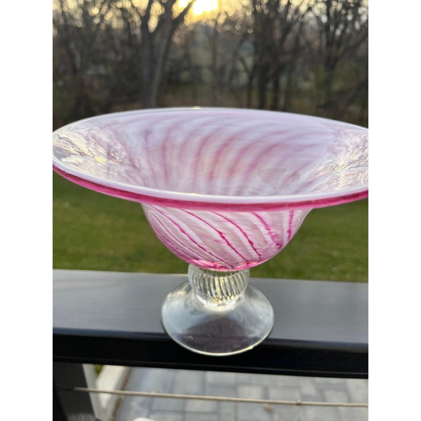 Large vintage Murano style art glass centerpiece bowl - candy pink and white swirl