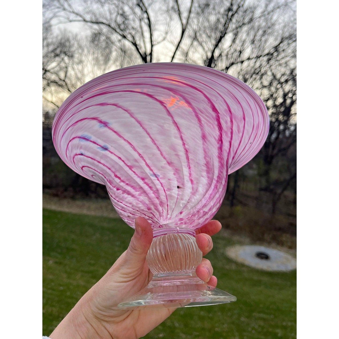 Large vintage Murano style art glass centerpiece bowl - candy pink and white swirl