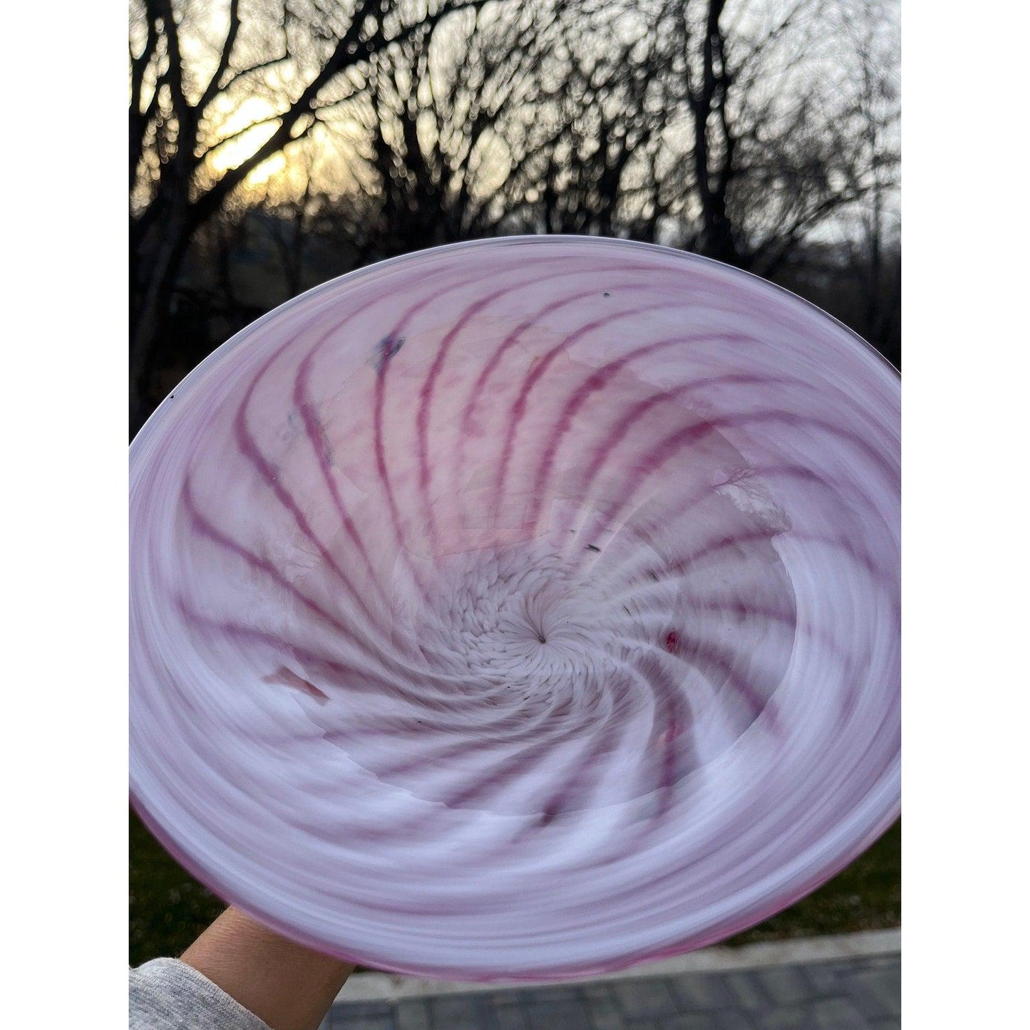 Large vintage Murano style art glass centerpiece bowl - candy pink and white swirl