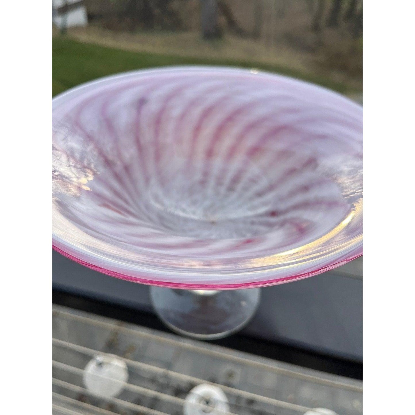 Large vintage Murano style art glass centerpiece bowl - candy pink and white swirl