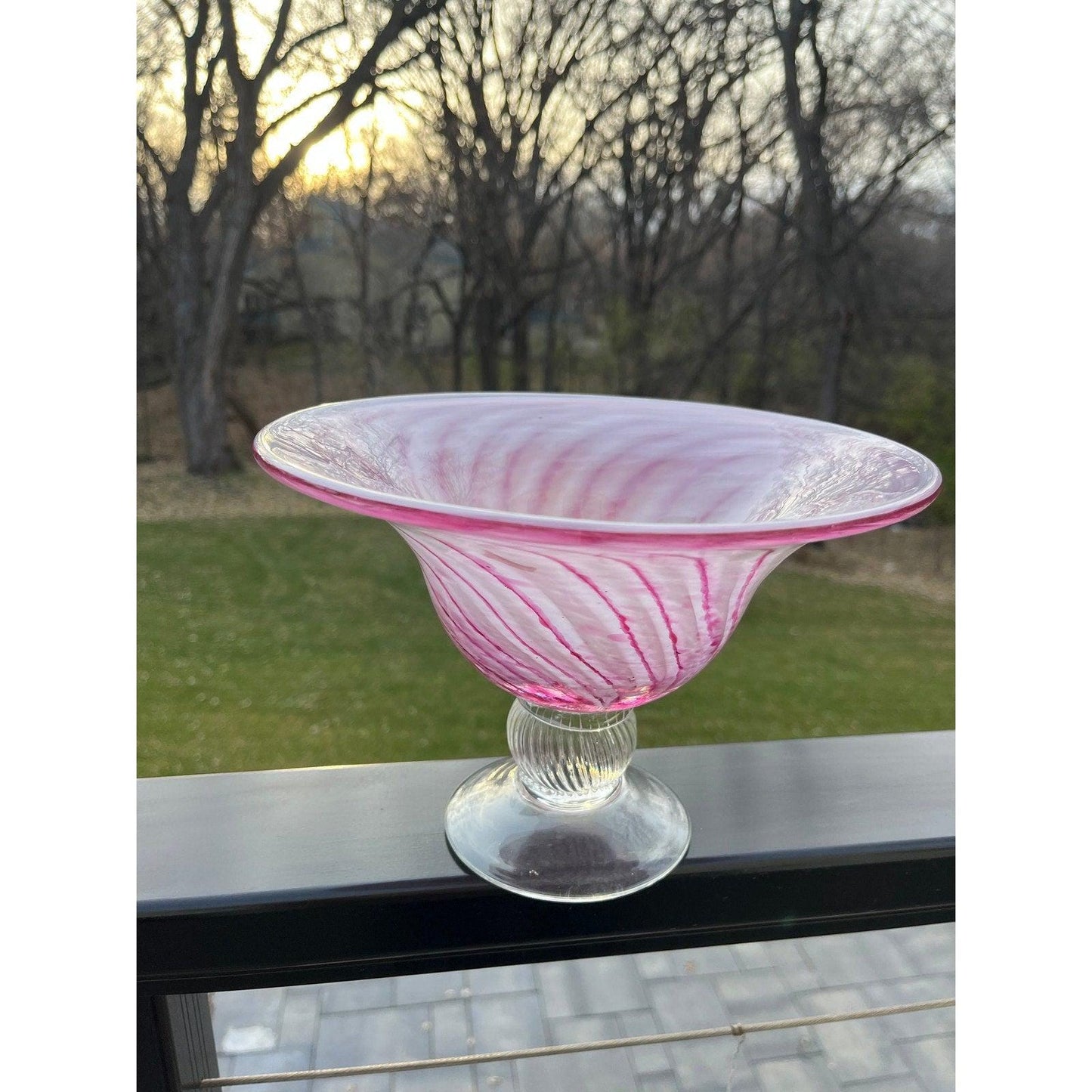 Large vintage Murano style art glass centerpiece bowl - candy pink and white swirl