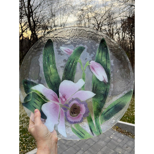Gorgeous vintage Saint Luke pink flower design 15 fused art glass platter