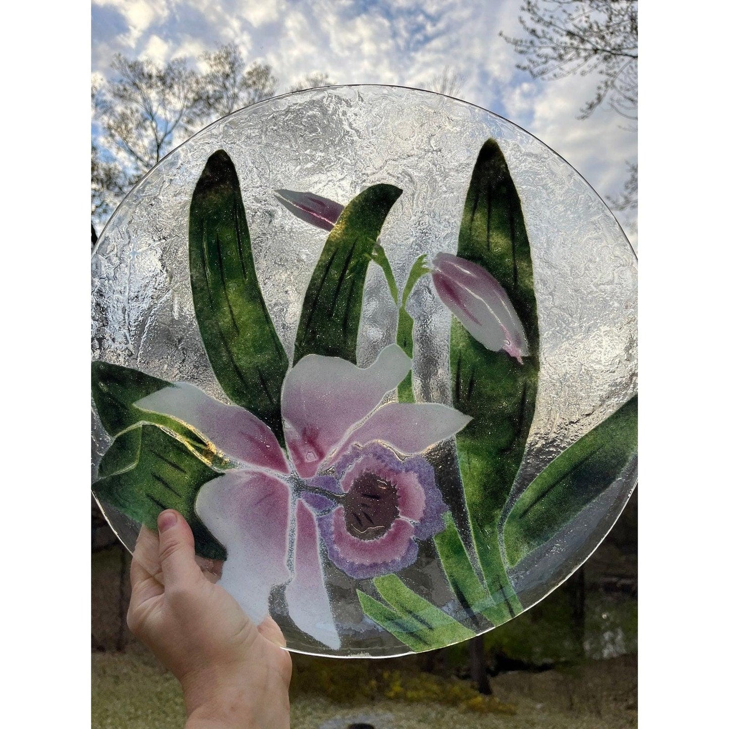 Gorgeous vintage Saint Luke pink flower design 15 fused art glass platter