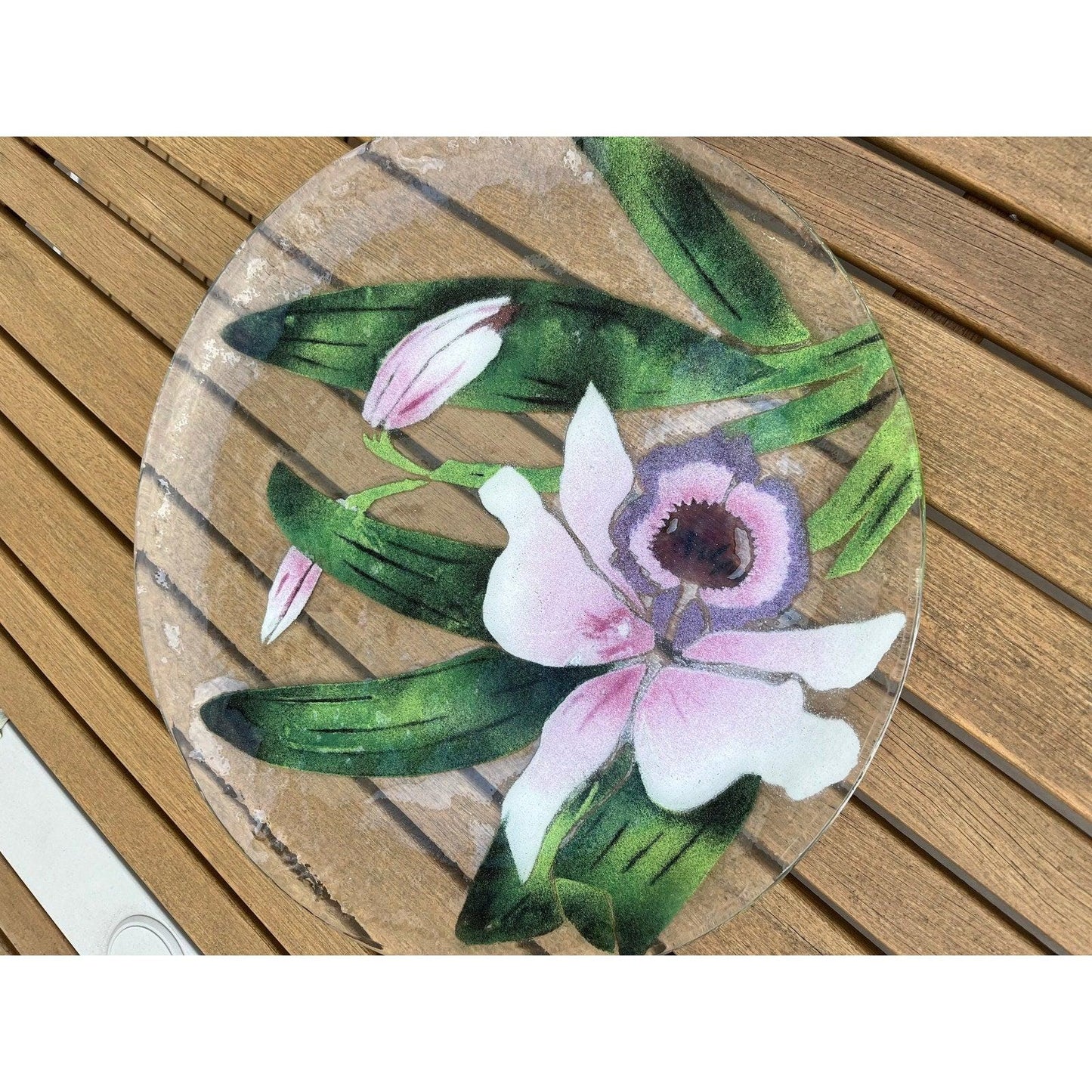 Gorgeous vintage Saint Luke pink flower design 15 fused art glass platter