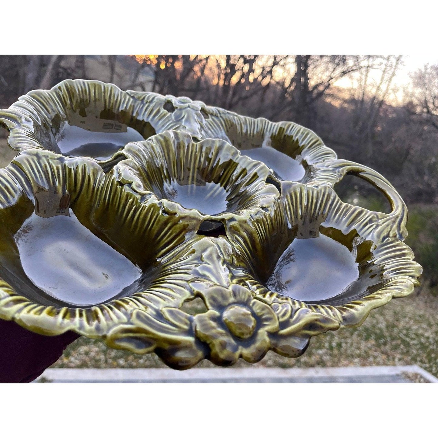 Vintage 1970s avocado green divided dish Whittier California Pottery