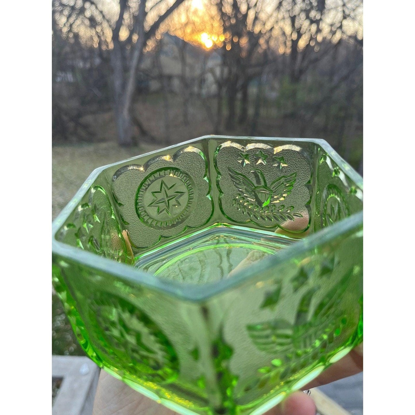 Vintage Indiana Glass Company green hexagon depression glass ‘Eagles and Stars candy dish
