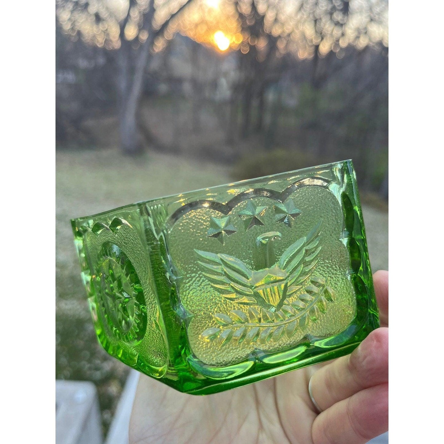 Vintage Indiana Glass Company green hexagon depression glass ‘Eagles and Stars candy dish