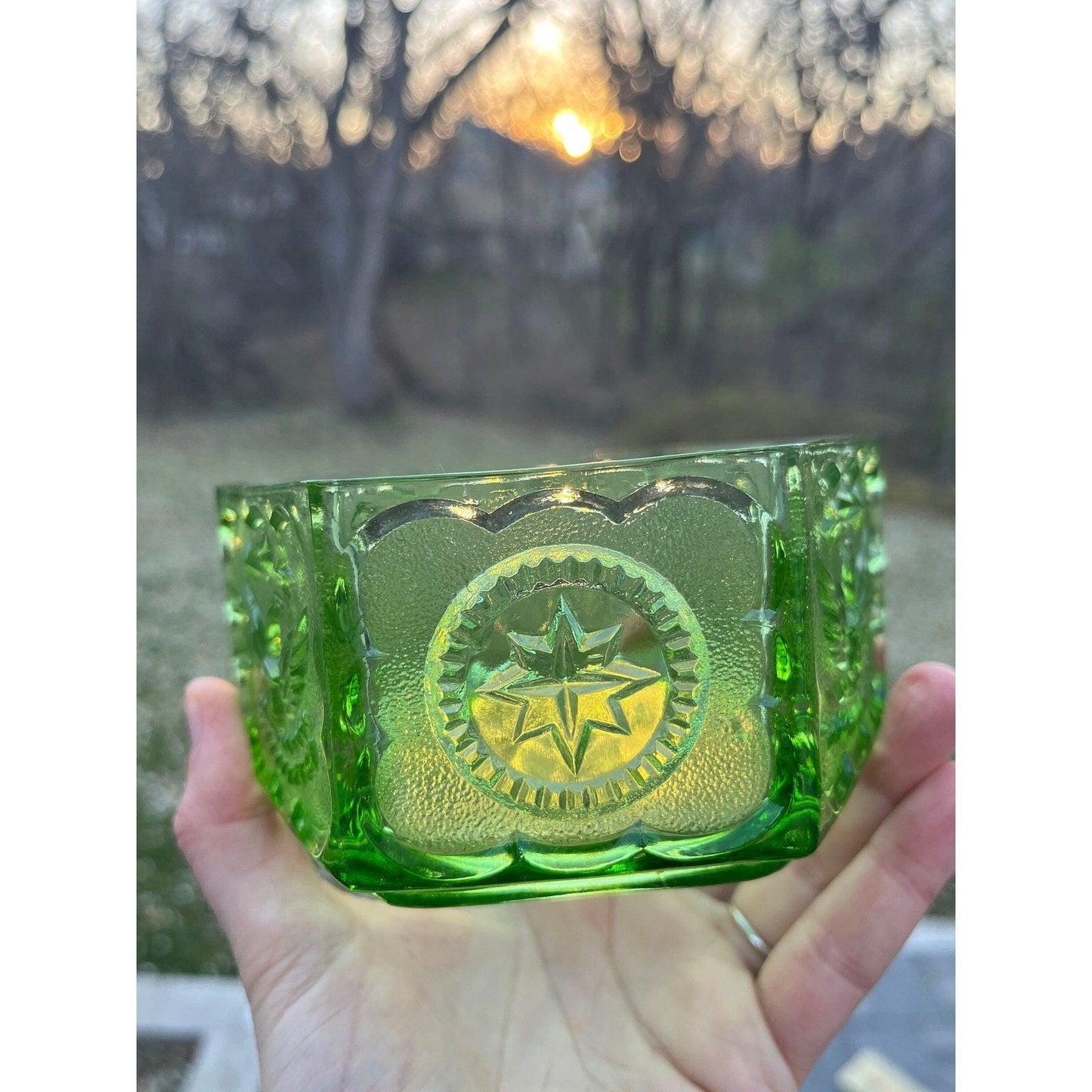 Vintage Indiana Glass Company green hexagon depression glass ‘Eagles and Stars candy dish