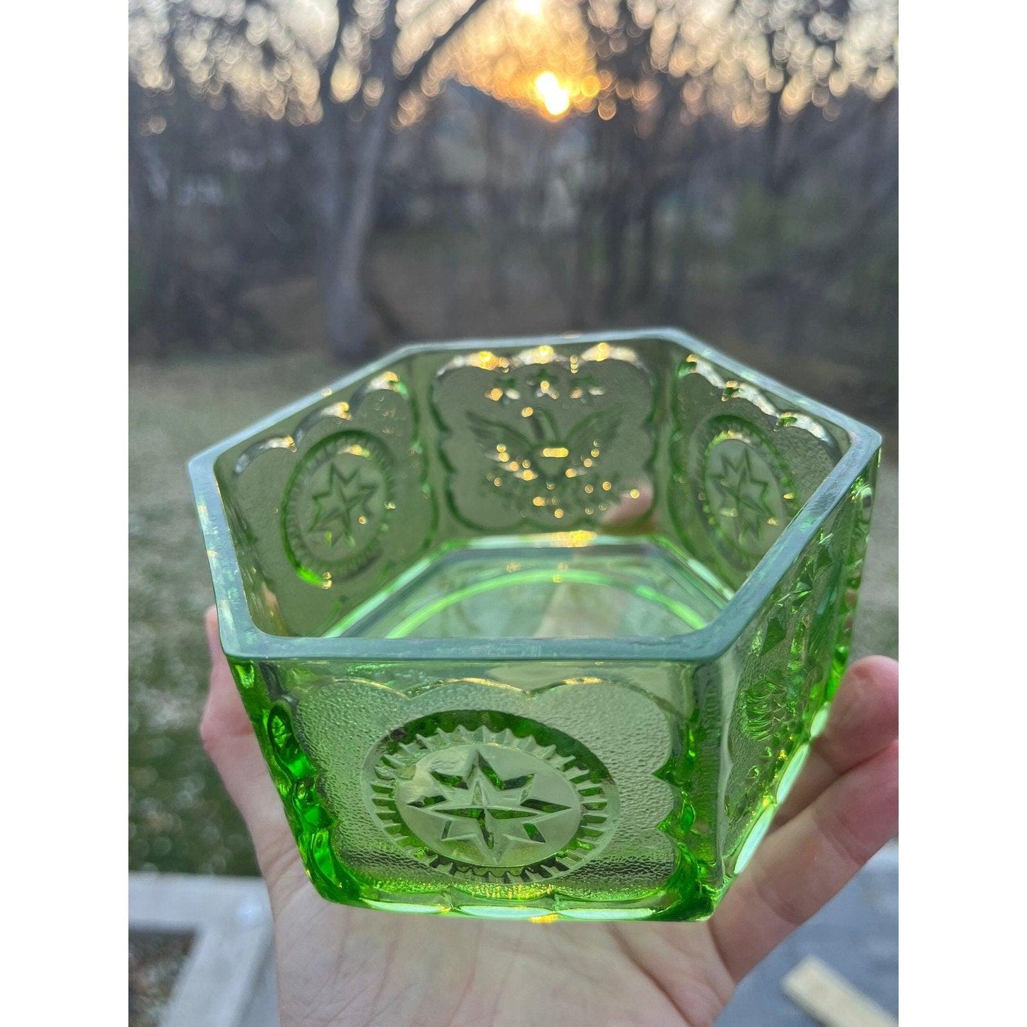 Vintage Indiana Glass Company green hexagon depression glass ‘Eagles and Stars candy dish