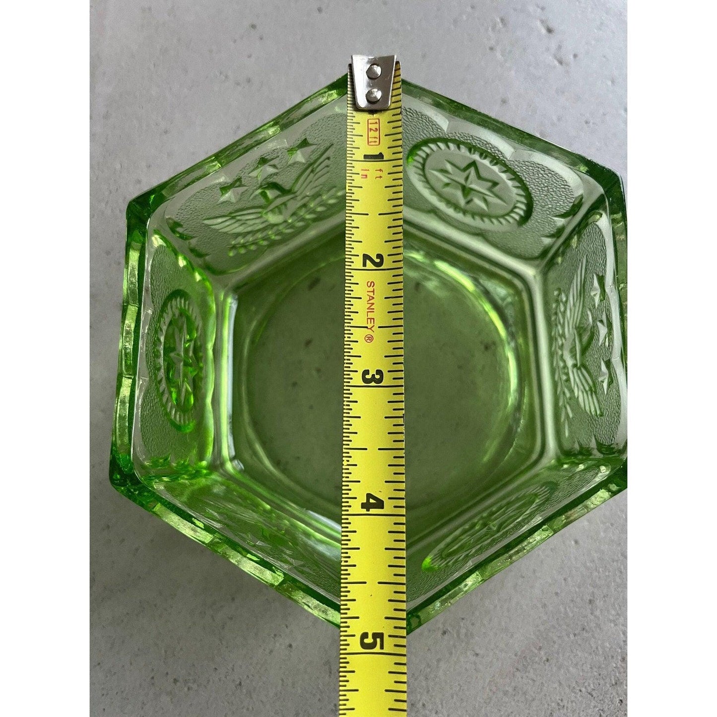 Vintage Indiana Glass Company green hexagon depression glass ‘Eagles and Stars candy dish