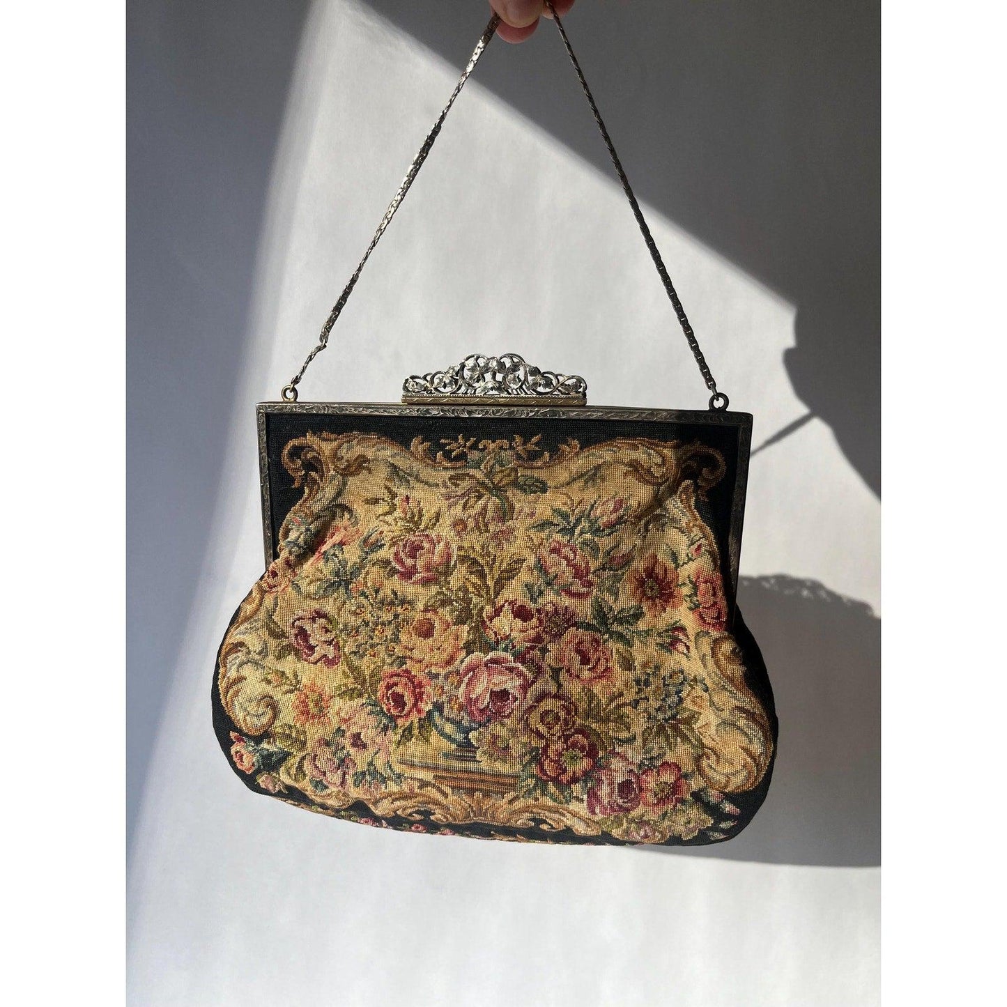 Antique Vintage European Evening Purse Petit Point Floral Tapestry