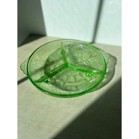 1930s Anchor Hocking vaseline (uranium) glass relish dish