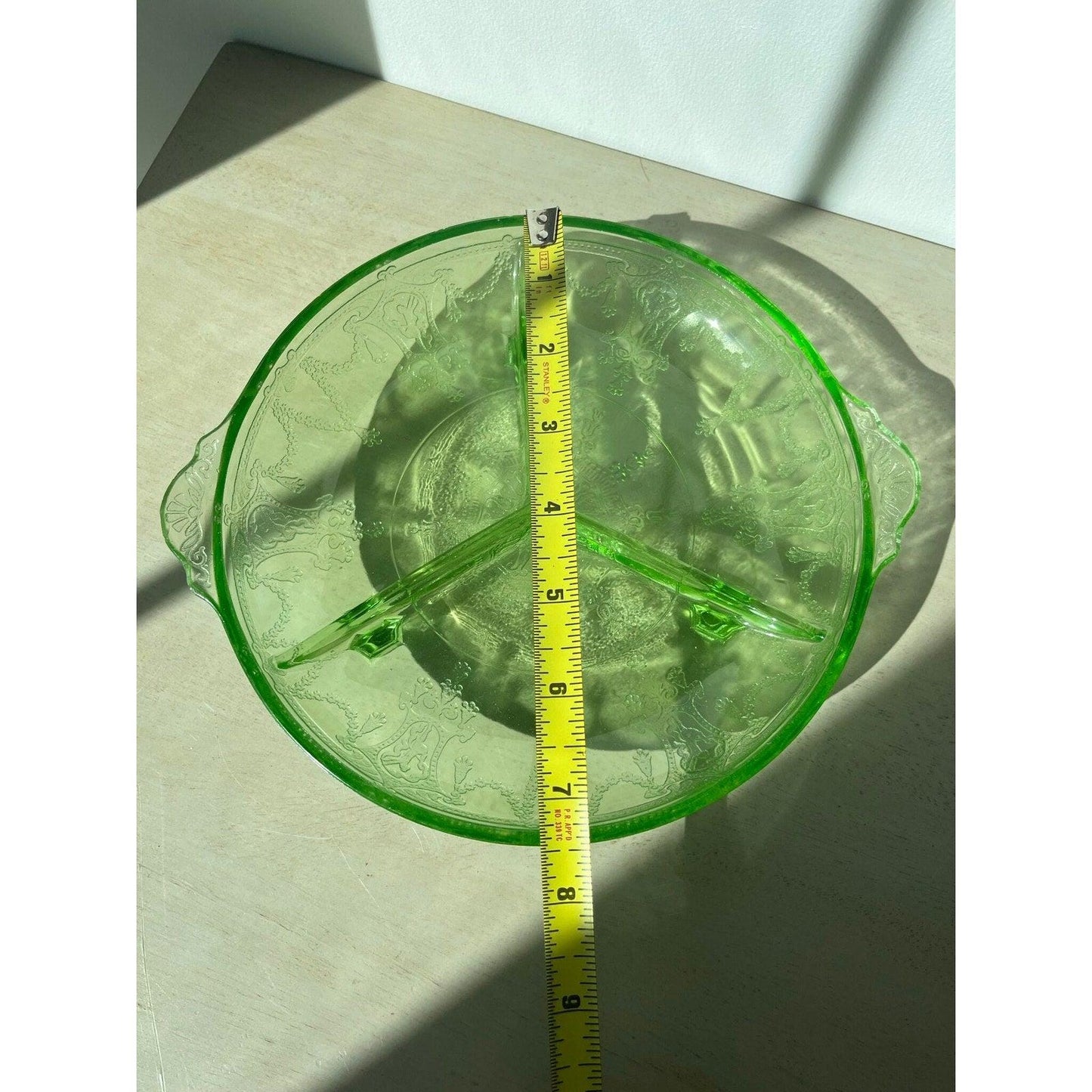 1930s Anchor Hocking vaseline (uranium) glass relish dish