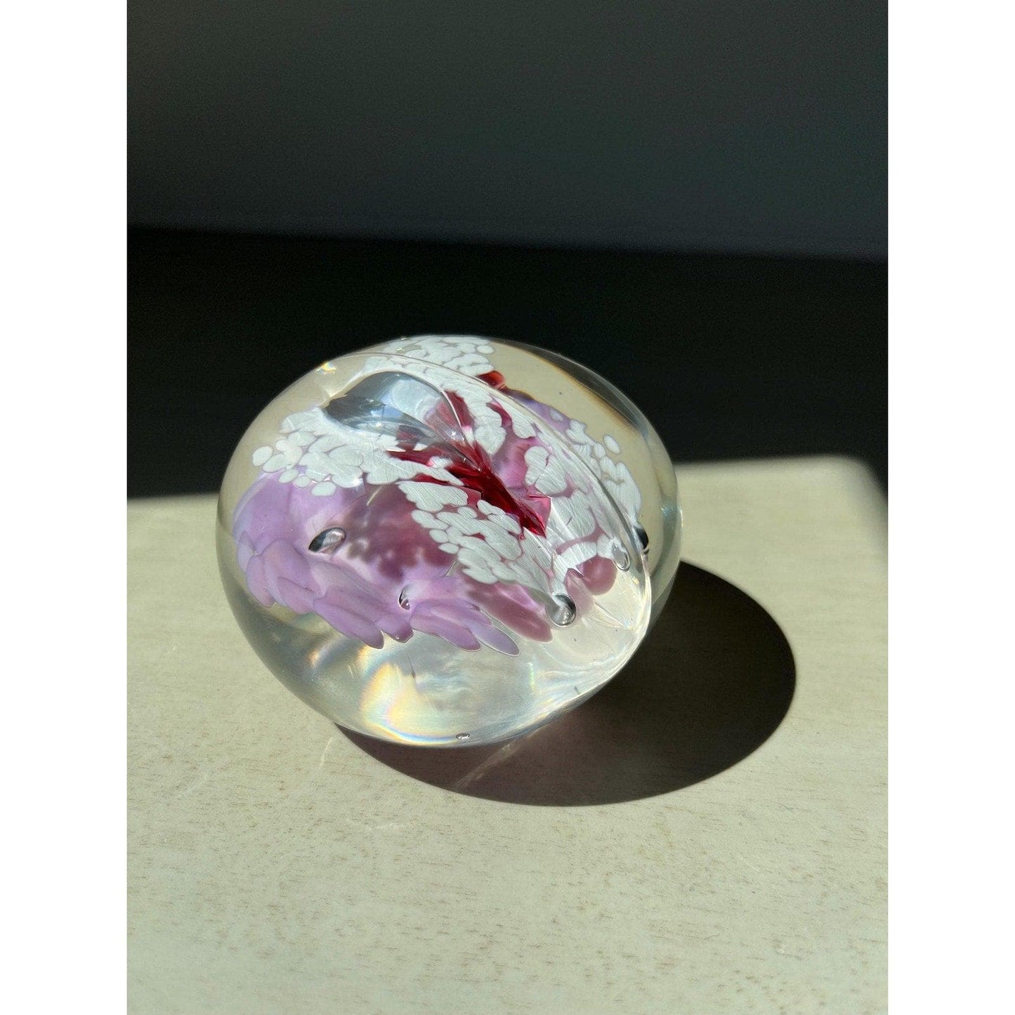 Vintage glass pink flowers butterfly paperweight