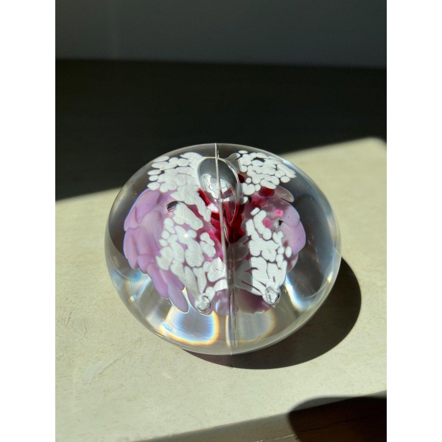 Vintage glass pink flowers butterfly paperweight