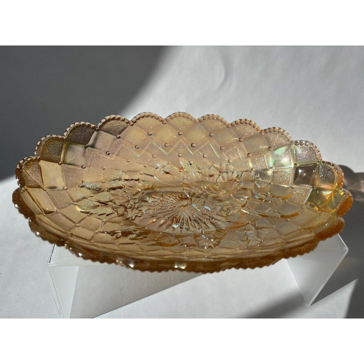 Antique 1911 - 1918 Carnival Glass Pickle Pansy Dish, Imperial Glass Company