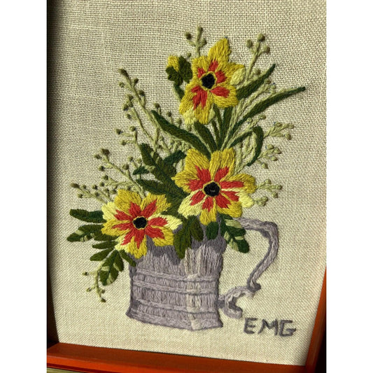 Vintage floral needlepoint fiber art, framed