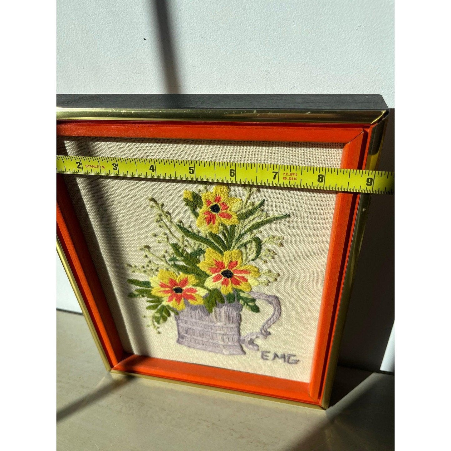 Vintage floral needlepoint fiber art, framed