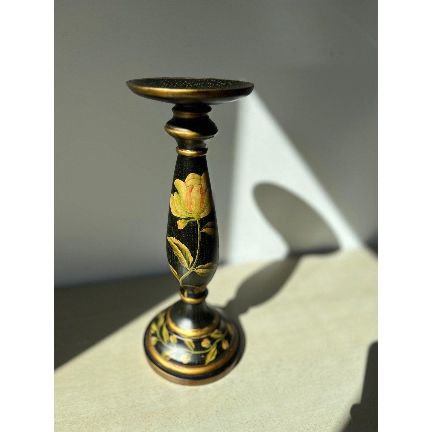 Vintage Wood Hand Painted Floral Black and Yellow Candlestick Holder