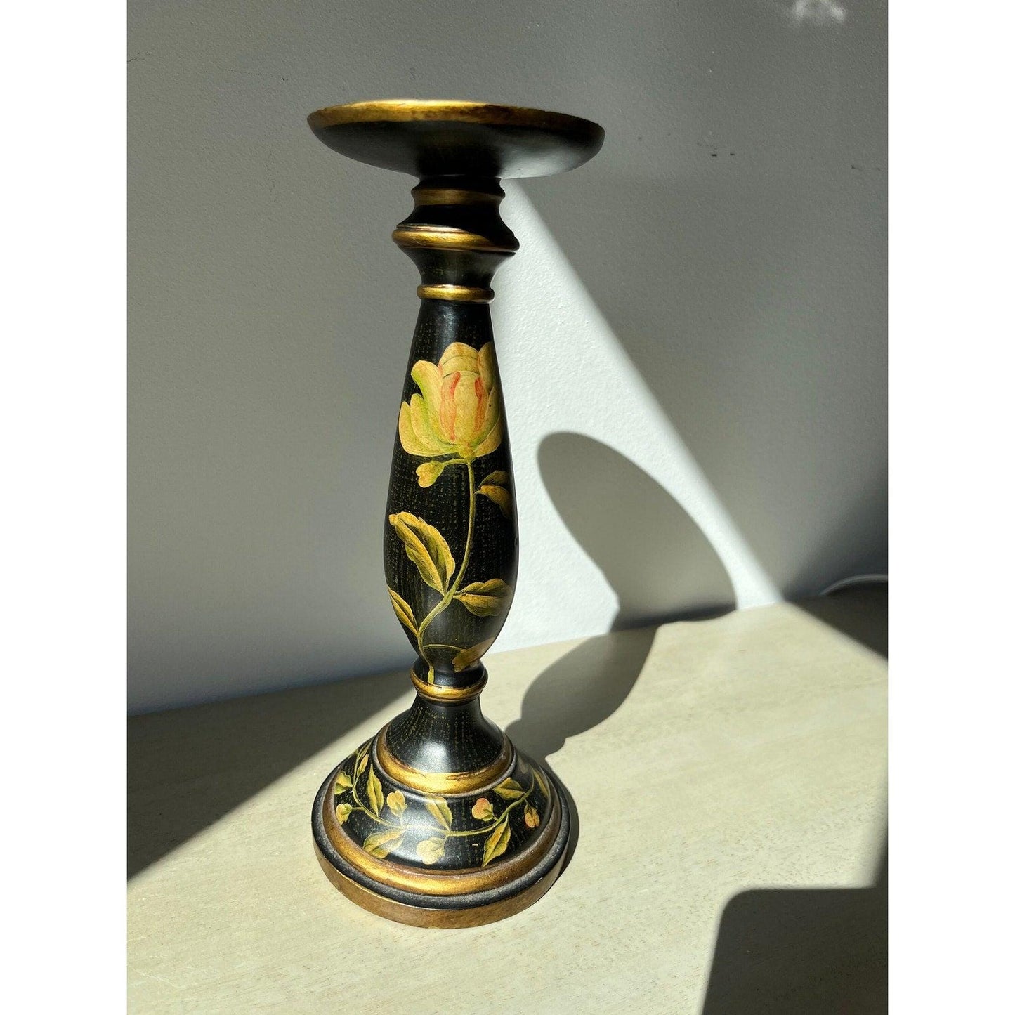 Vintage Wood Hand Painted Floral Black and Yellow Candlestick Holder