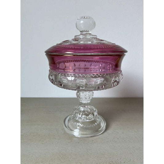 Vintage MCM Large Tiffin-Franciscan King's Crown Pink Cranberry Compote with Lid