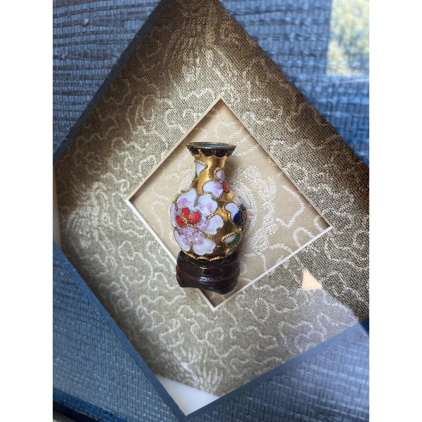 Vintage framed mini Cloisonne Enamel Chinese Vase in Shadow Box