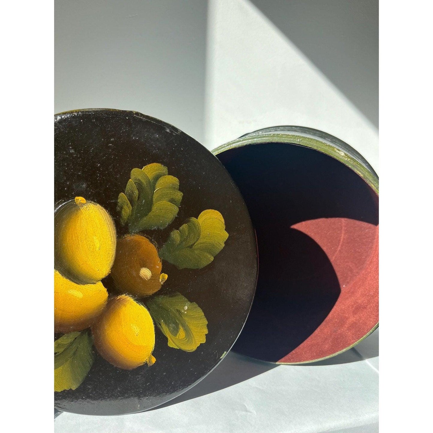 Vintage wood hand painted oval box with a lid