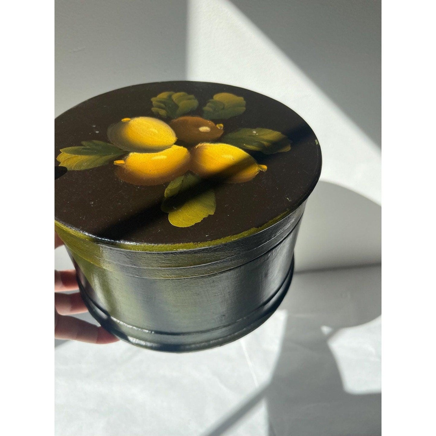 Vintage wood hand painted oval box with a lid