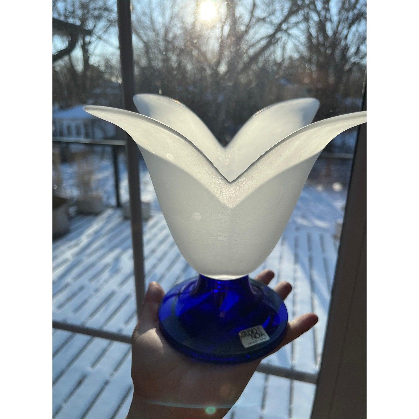 Vintage Studio Nova, cobalt blue and white frosted glass lily vase