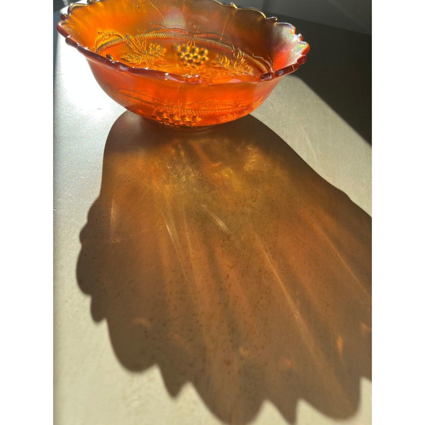 Vintage Fenton Edge Leaf Grape & Cable marigold carnival art glass bowl