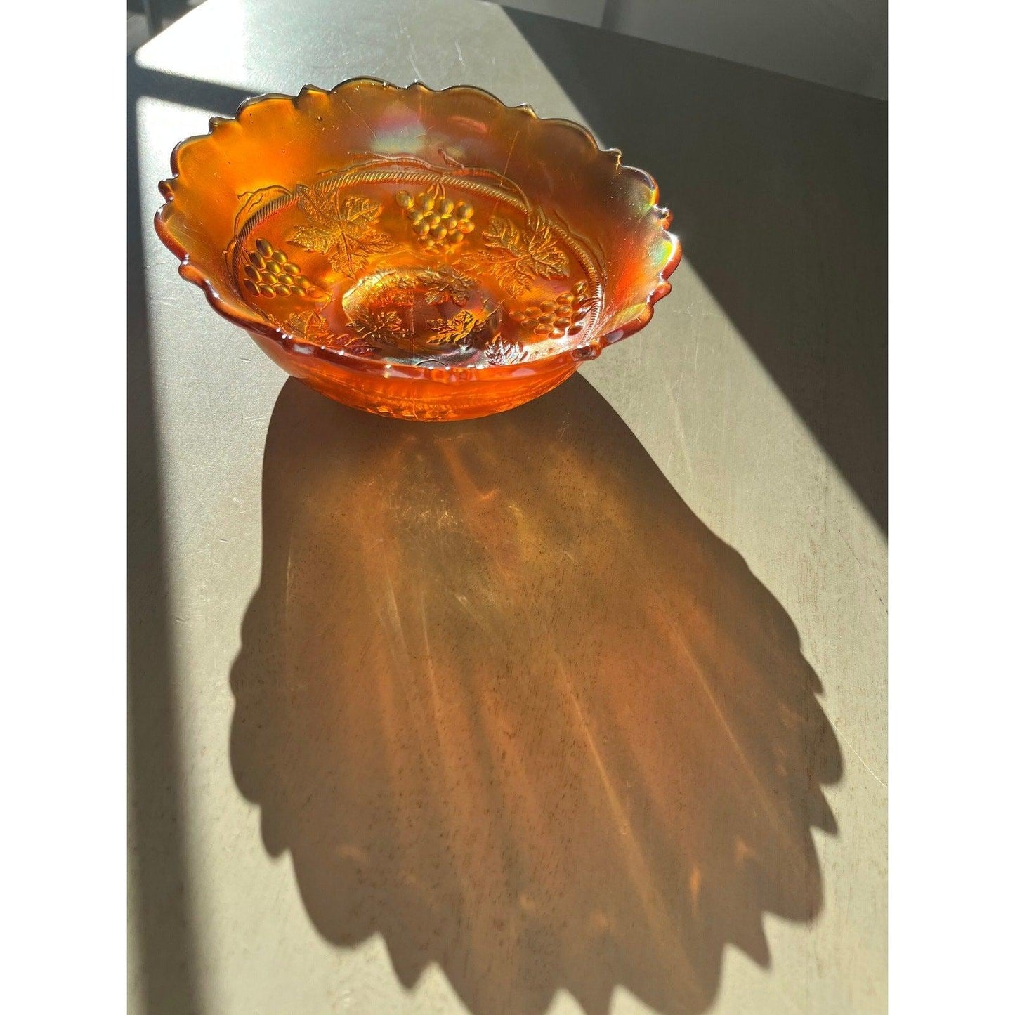 Vintage Fenton Edge Leaf Grape & Cable marigold carnival art glass bowl