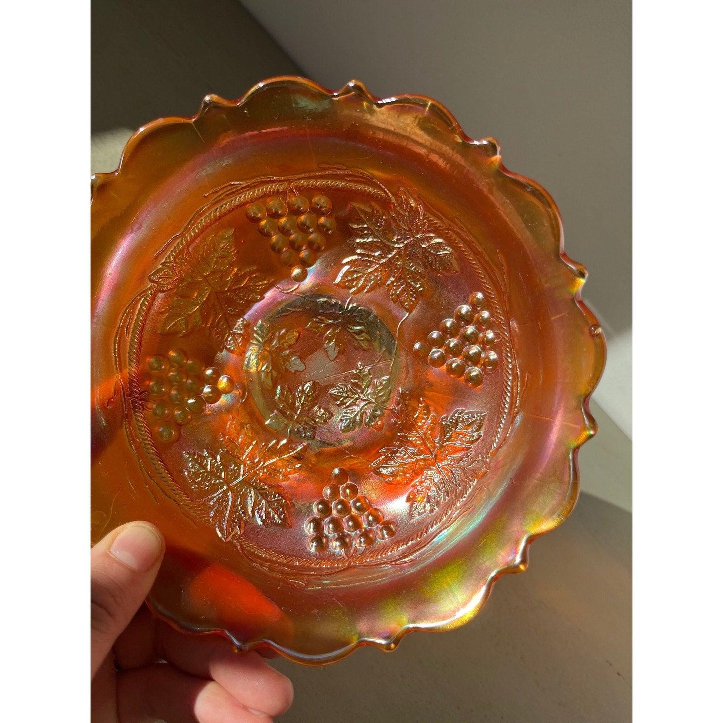 Vintage Fenton Edge Leaf Grape & Cable marigold carnival art glass bowl