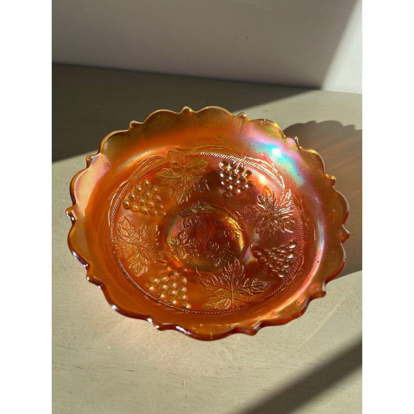 Vintage Fenton Edge Leaf Grape & Cable marigold carnival art glass bowl