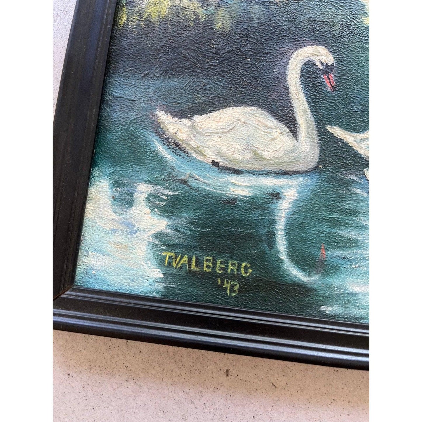 Vintage 1943 family of swans painting
