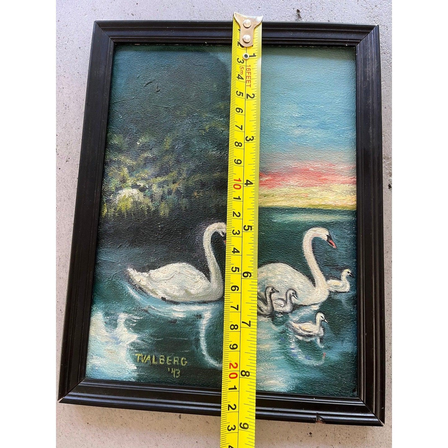 Vintage 1943 family of swans painting