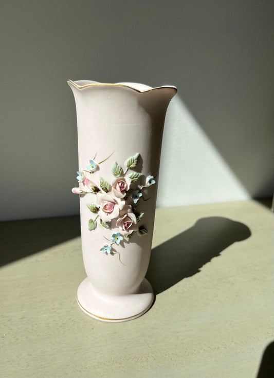 Lefton Porcelain Floral Vase with hand painted 3D floral pattern