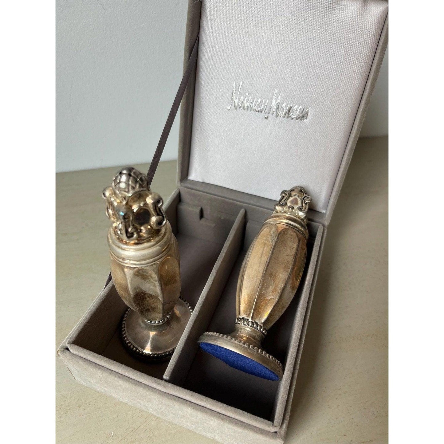 Vintage Neiman Marcus Silver Salt & Pepper Shaker Set, original velvet case