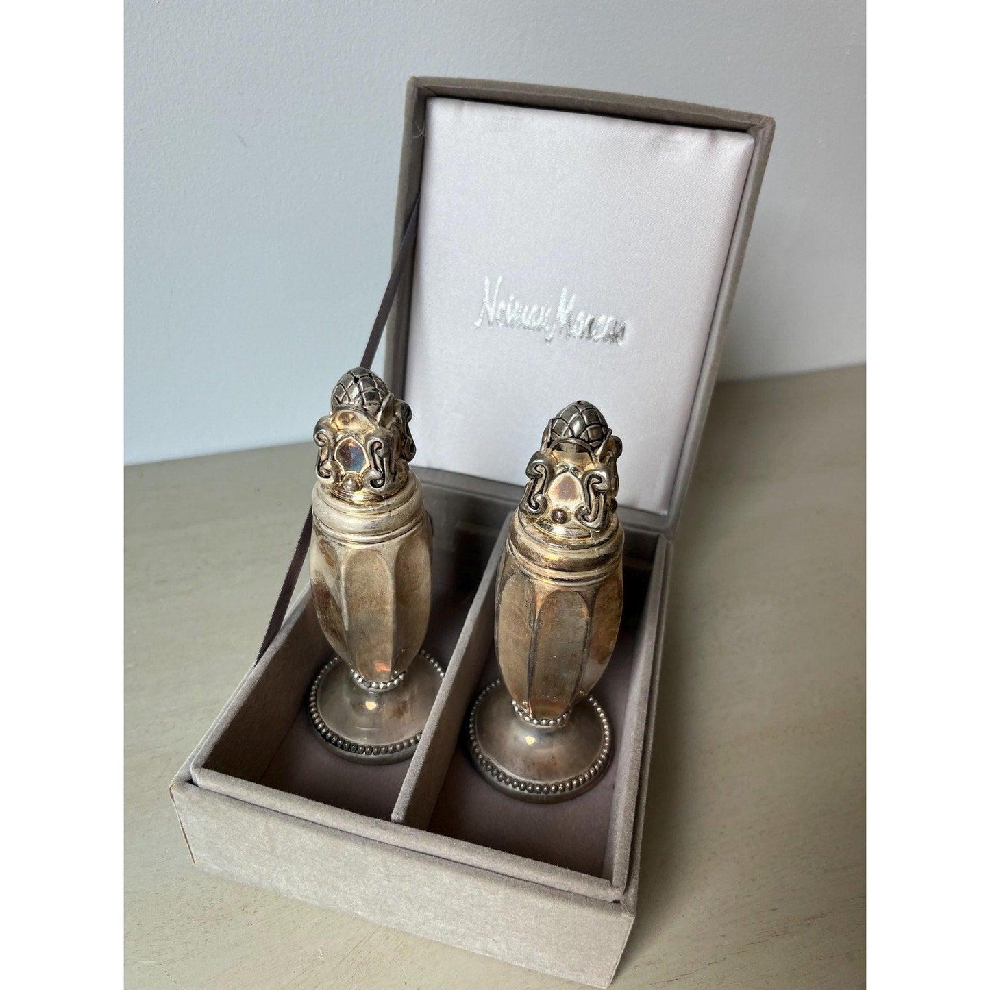 Vintage Neiman Marcus Silver Salt & Pepper Shaker Set, original velvet case