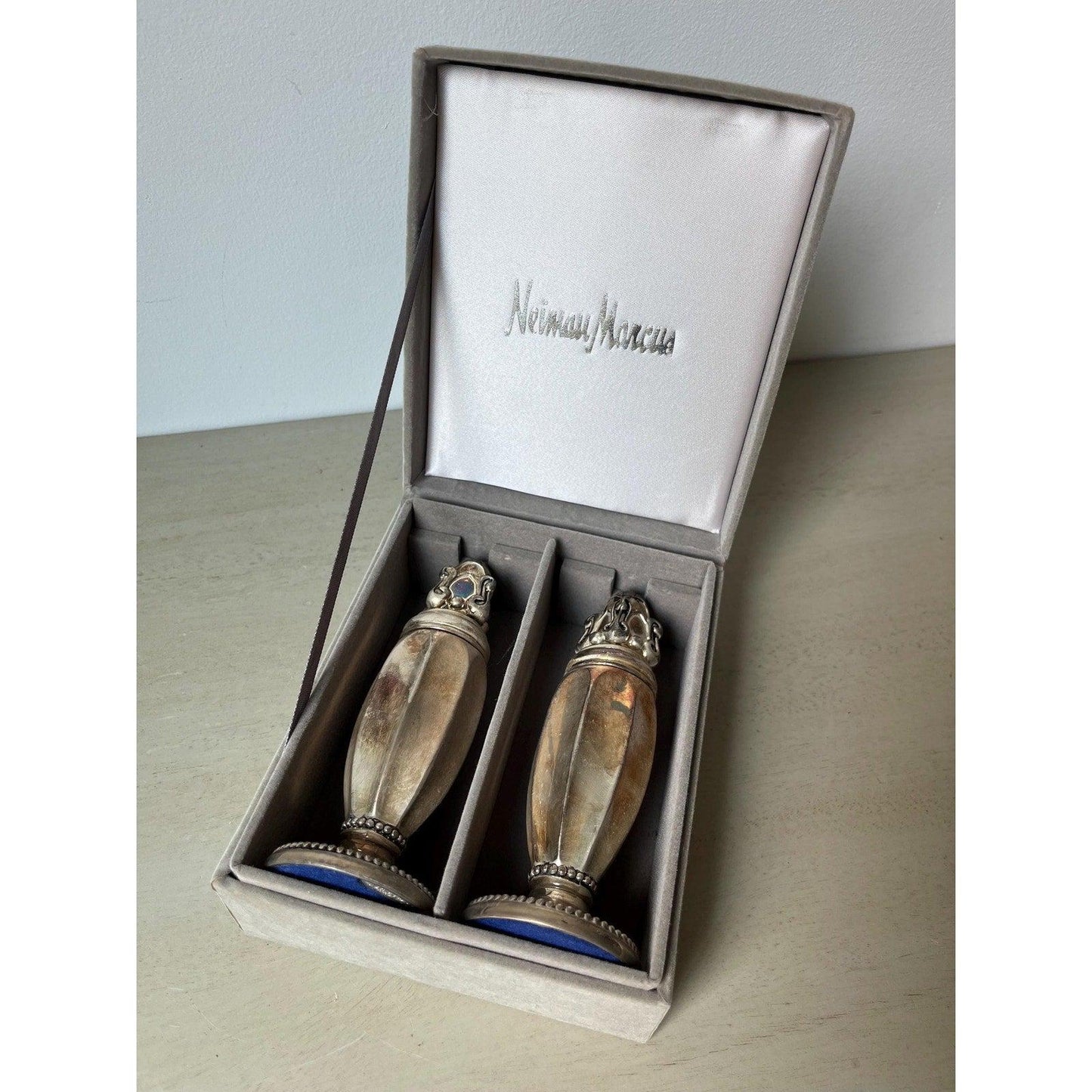 Vintage Neiman Marcus Silver Salt & Pepper Shaker Set, original velvet case