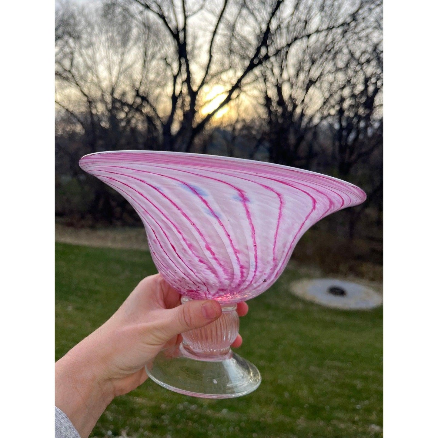 Large vintage Murano style art glass centerpiece bowl - candy pink and white swirl