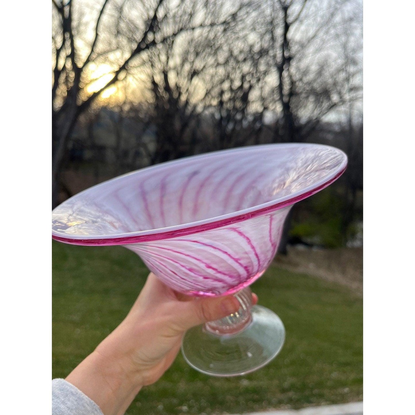 Large vintage Murano style art glass centerpiece bowl - candy pink and white swirl