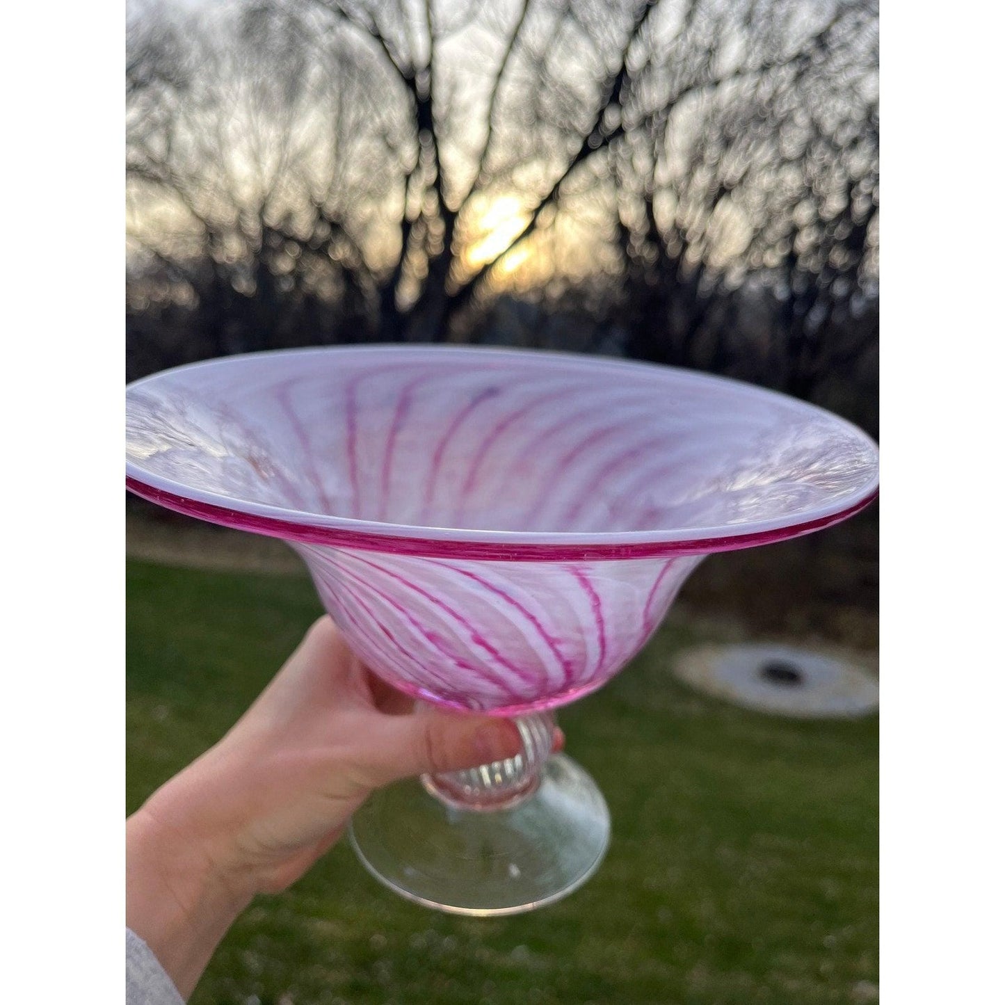 Large vintage Murano style art glass centerpiece bowl - candy pink and white swirl